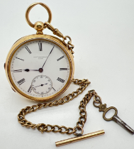 A Victorian 18ct gold open face pocket watch with enamel dial, black Roman numerals and subsidiary