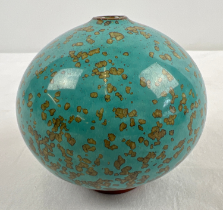 A Chinese ceramic vase of spherical form with a turquoise coloured speckled glaze. Approx. 9cm tall.