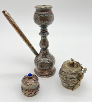 3 small Persian silver and white metal items. A Hookah pipe (approx. 11.5cm tall), a decorative Kohl