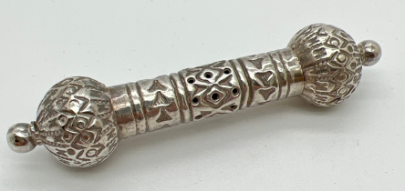 A vintage Persian silver scroll case with pierced body and spherical finials. Stamped 'OMAN 92.5'