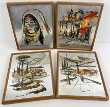 A set of 4 Lebonese hand painted oil on metal panel pictures, all signed. In wood frames, frame size
