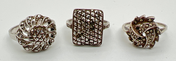 3 vintage silver dress rings each set with marcasite stones, in various designs to include square