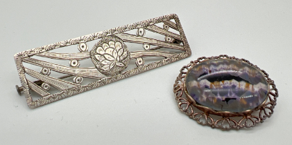 2 vintage silver brooches. An oval brooch with heart design pierced work mount set with Blue John,