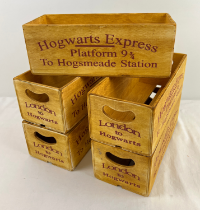 5 Small wooden Harry Potter Hogwarts Express 2 handled crates, with burgundy coloured printed
