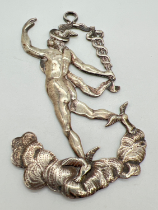 A George III Masonic Deacons jewel of Mercury holding his staff Caduceus, hallmarked on reverse