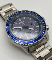 A men's Seiko Prospex chronograph wristwatch with sapphire crystal. Blue face and bezel with