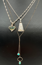 3 silver necklaces. A Leo zodiac pendant on a 15 inch rope chain; a heart pendant set with abalone