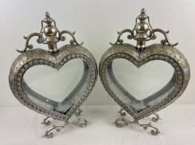 A large pair of Eastern Style heart shaped silver coloured metal lanterns, hanging or free standing.