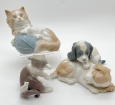 3 Nao & Lladro ceramic figurines of cats and dogs. A Lladro Cat & Mouse figurine together with 2 Nao