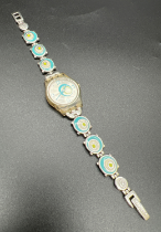 A 2005 Swatch watch #809, with enamel blue and green circle detail bracelet strap. Brushed silver
