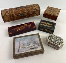 A collection of 6 assorted wooden boxes to include example with reverse painted glass lid. Lot