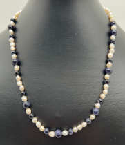 An 18" freshwater pearl and blue coloured goldstone costume jewellery necklace with white metal S