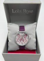 A boxed Lola Rose butterfly design ladies wristwatch with purple leather strap - as new, with