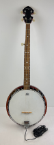 A Martin Smith 5 string hi gloss wooden cased banjo with pickup and Roksak zip up bag.