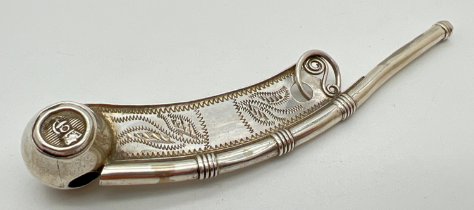 An early Victorian silver Nautical bosun's whistle/boatswains call with engraved foliate design.