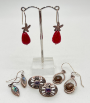 4 pairs of silver stone set earrings. A pair of abalone shell drops, a pair of drops set with