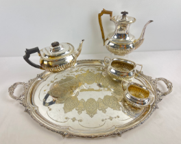 A collection of late Victorian Atkin Brothers silver plated tea ware on a large 2 handled tray.