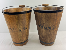 A pair of coopered wooden Bollinger buckets with swing handles. Approx. 40cm tall.