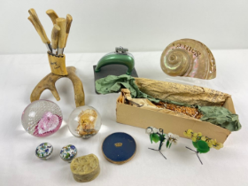 A collection of assorted antique and vintage items to include a carved sea shell, Norwegian antler