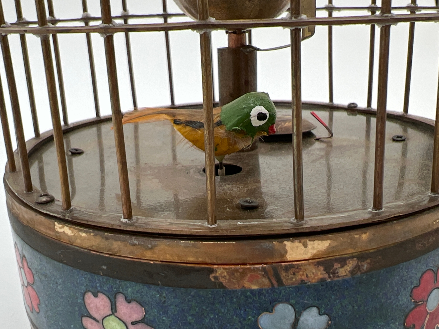 A brass ornamental wind up birdcage clock with winding mechanism to underside and blue cloisonne - Image 2 of 2