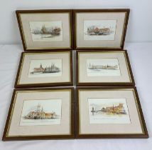 A set of 6 framed & glazed reproduction prints of Victorian continental harbour scene paintings.