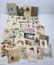 A box of approx. 150 assorted Victorian, Edwardian and vintage greetings cards in varying styles and