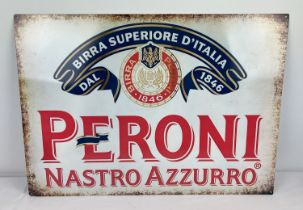 A large modern Peroni advertising printed tin sign. With holes for wall fixing. Approx. 70cm x 50cm.