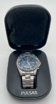 A men's boxed chronograph 290247 wristwatch by Pulsar. Stainless steel case and strap with blue