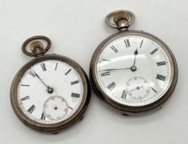 2 vintage silver pocket watches, both with secondary dials and engine turned decoration to cases.