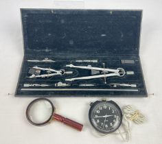 A boxed drawing instrument set together with a vintage Smiths rally stopwatch and a lucite handled