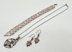 A collection of silver and white metal rose quartz set jewellery - bracelet, necklace and drop