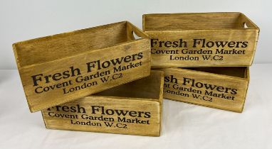 4 Small wooden Covent Garden Flower Market 2 handled crates, with printed lettering. Each approx.