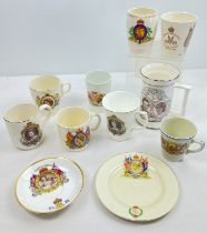 A small collection of vintage Royal commemorative mugs, beakers and plates. To include coronation of