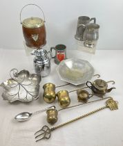 A collection of vintage mixed metalware. To include pewter tankards, wooden and metal biscuit barrel