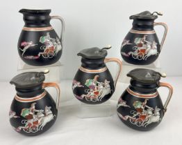 A set of 5 19th century Ashworth pottery Neoclassical Greek design Iliad jugs with black ground,