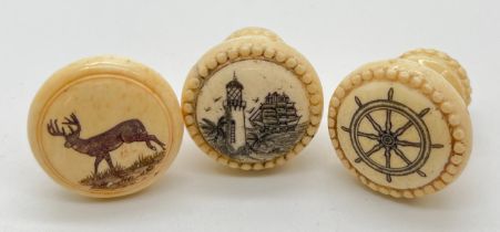 3 carved bone scrimshaw style knob handles/cane tops with threaded screw hole to reverse. Engraved