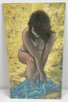 Krys Leach, local artist - nude oil on unframed canvas board, entitled "Light Curtain". Signed to