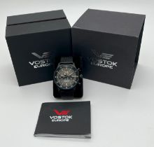 A boxed 0409/3000 Vostok Europe North Pole Expedition chronograph wristwatch. Matt black stainless