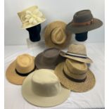7 assorted men's hats together with a cream coloured Lady's occasion hat by Whiteley.