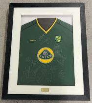 A framed and glazed signed 2004-05 Norwich City Football Club Xara training shirt with Lotus sponsor