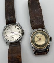 2 vintage mid century wristwatches with brown leather straps, for spares or repair. An unmarked