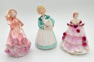 3 small collectible porcelain lady figurines by Royal Doulton and Coalport. 1996 Lady Hannah and
