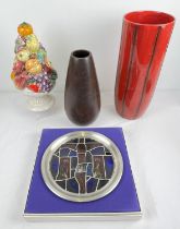 4 large ornaments. A boxed Franklin Minter 1976 Easter Fine Art stained glass plate, a tall red