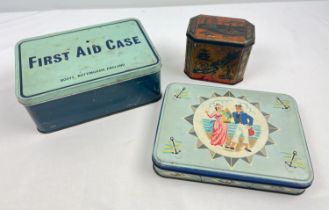 3 vintage tins. To include a Boots First Aid tin with contents - bandages, scissors, cotton wool etc