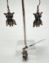 A pair of silver owl drop style earrings set with lapis lazuli, together with a small silver owl