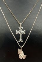 2 religious themed silver necklaces. A Celtic design cross shaped pendant on an 18" rope chain and a