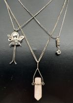 3 vintage silver and white metal necklaces. To include angel pendant on an 18" silver box chain