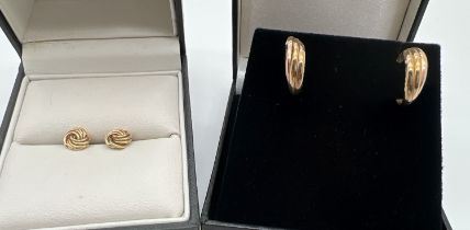 2 pairs of gold earrings. A pair of knot shaped studs with hallmarks to posts and a pair of 3 strand