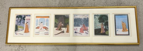 A framed and glazed collection of six prints depicting Asian women in traditional dress, with gilt
