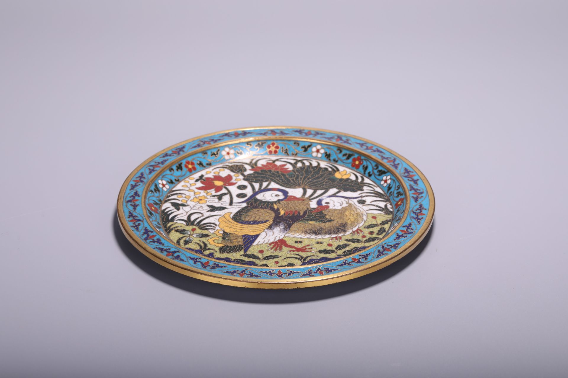 A Chinese cloisonne enamelled Jingtailan bronze 'Birds in garden' plate, Dia 19,5 cm